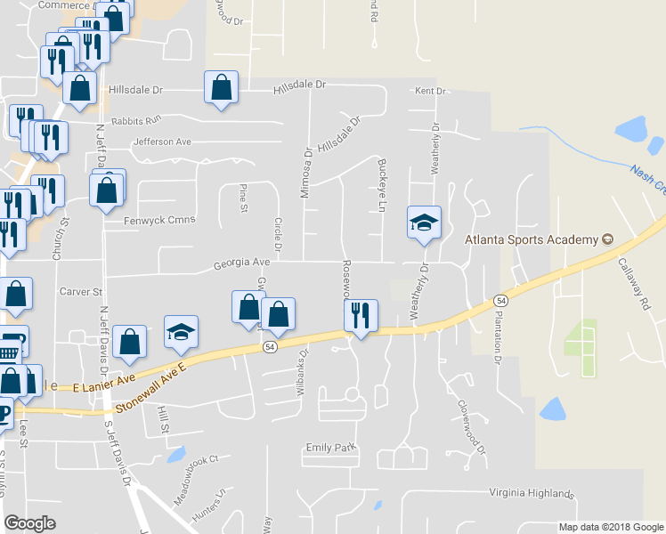 map of restaurants, bars, coffee shops, grocery stores, and more near 695 Georgia Avenue in Fayetteville