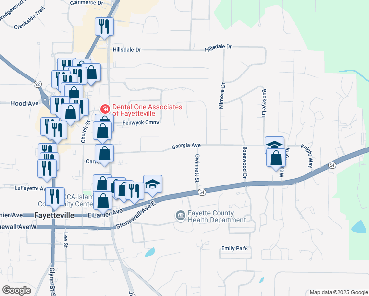 map of restaurants, bars, coffee shops, grocery stores, and more near 525 Georgia Avenue in Fayetteville