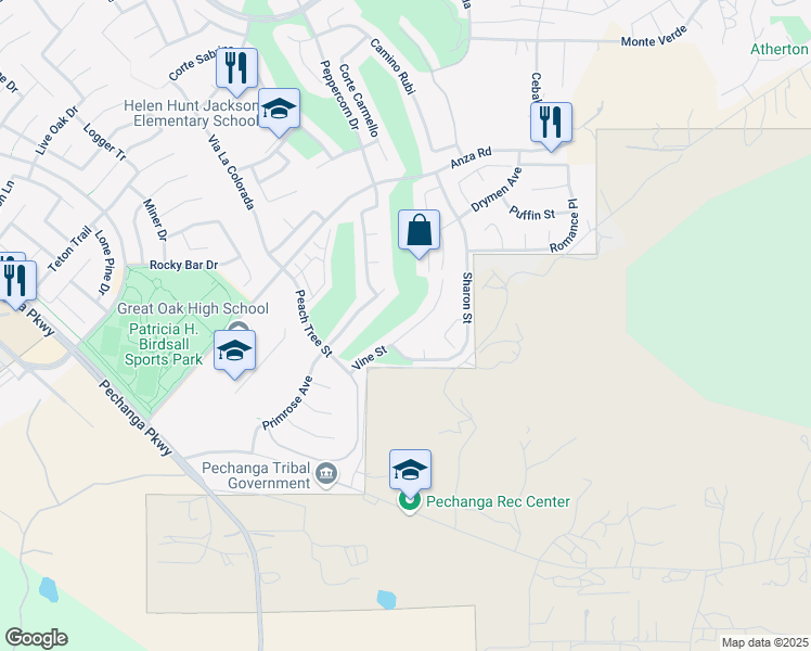 map of restaurants, bars, coffee shops, grocery stores, and more near 32836 Vine Street in Temecula