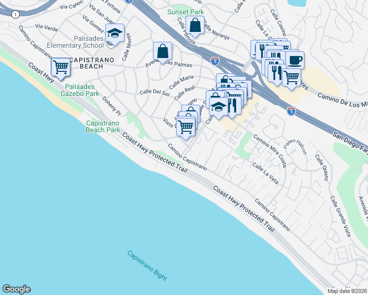 map of restaurants, bars, coffee shops, grocery stores, and more near 35101 Camino Capistrano in Dana Point