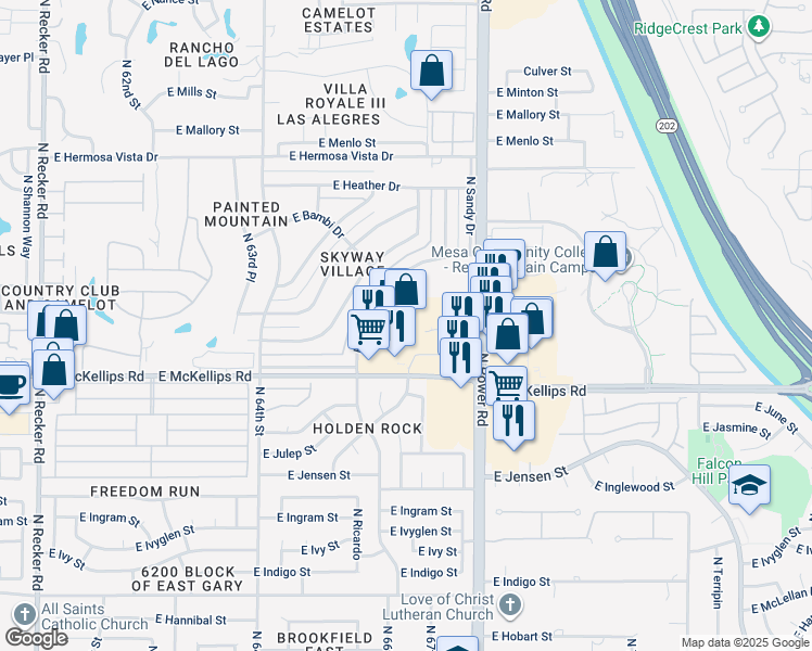 map of restaurants, bars, coffee shops, grocery stores, and more near 6640 East McKellips Road in Mesa