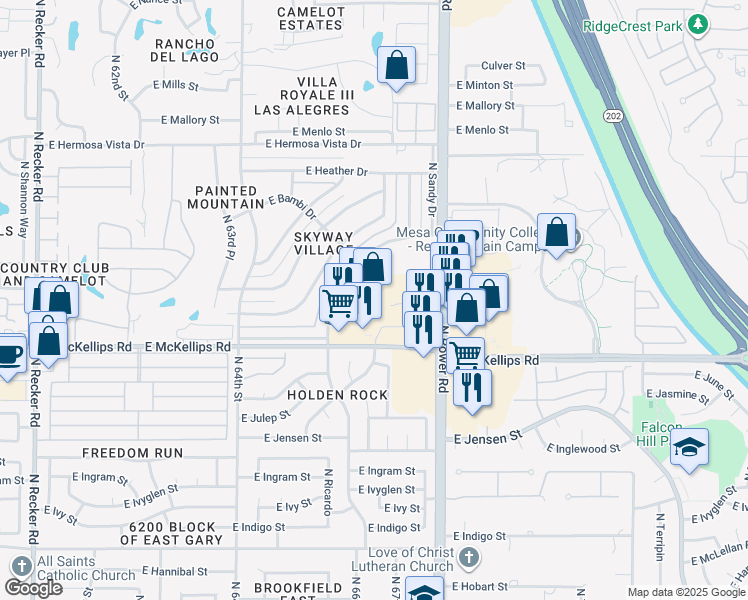 map of restaurants, bars, coffee shops, grocery stores, and more near 6640 East McKellips Road in Mesa