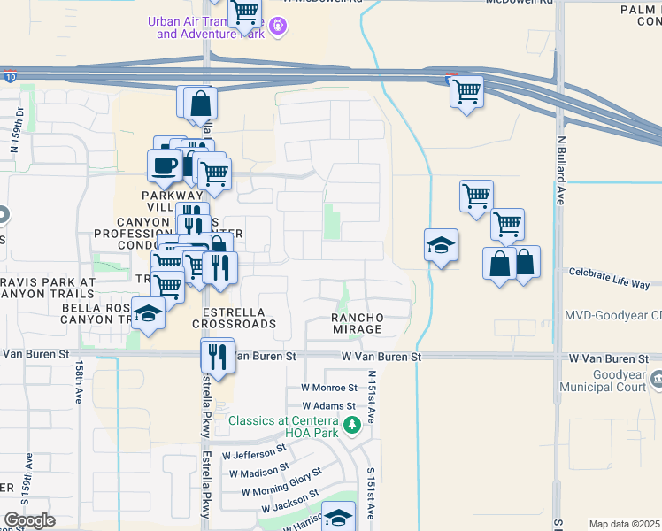 map of restaurants, bars, coffee shops, grocery stores, and more near 15154 West Fillmore Street in Goodyear