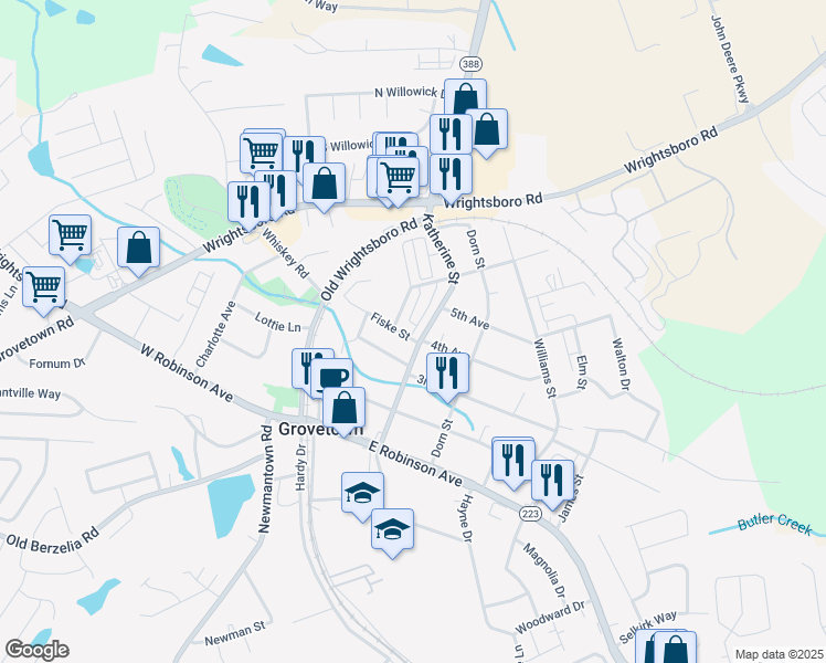 map of restaurants, bars, coffee shops, grocery stores, and more near 308 Katherine Street in Grovetown