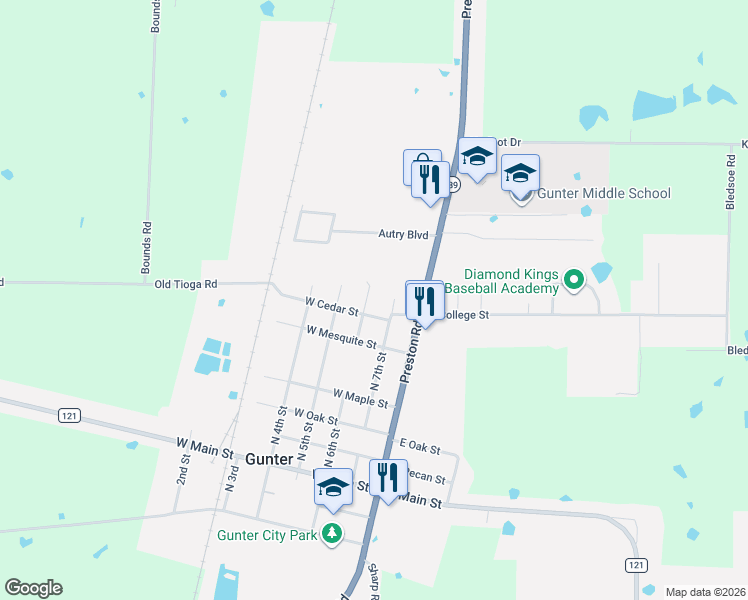 map of restaurants, bars, coffee shops, grocery stores, and more near 205 West Cedar Street in Gunter