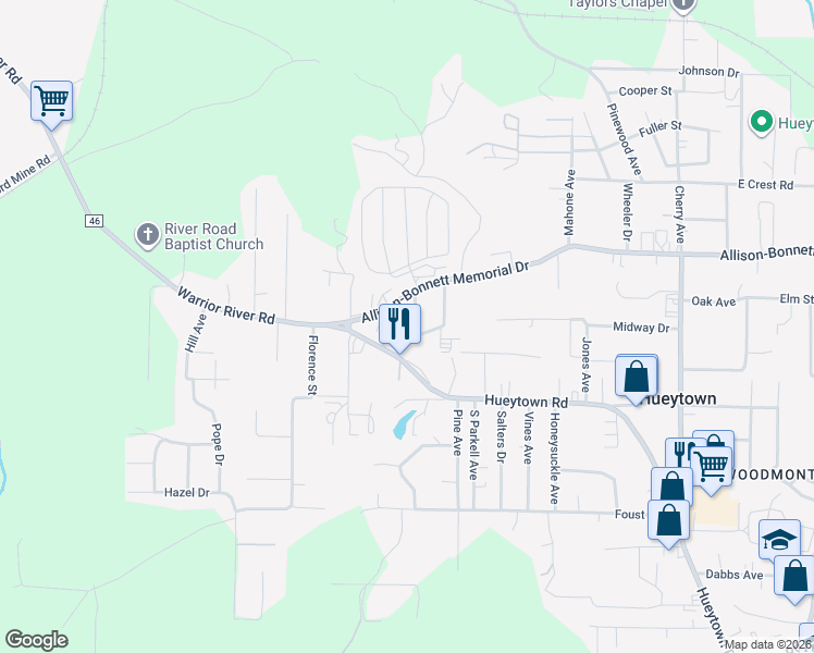 map of restaurants, bars, coffee shops, grocery stores, and more near 132 Louis Avenue in Hueytown