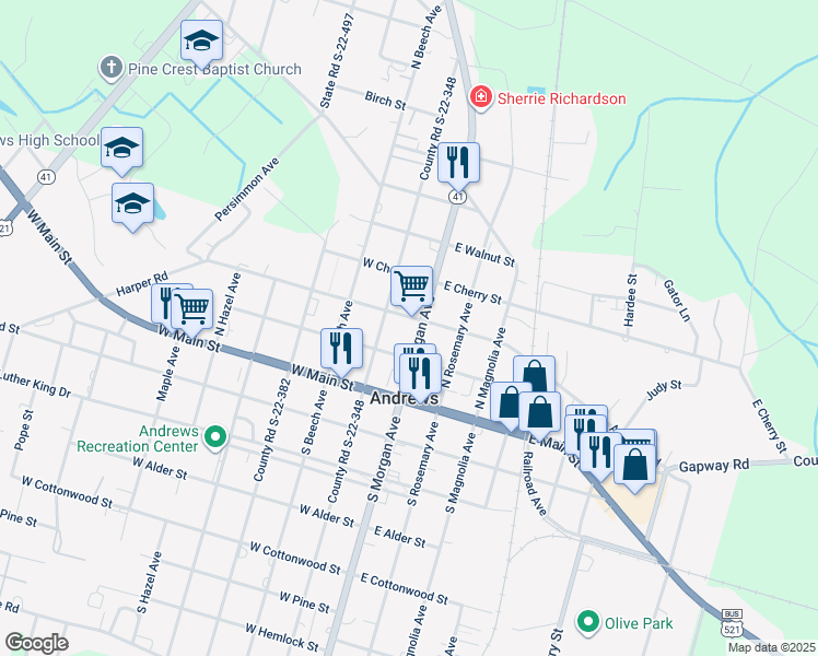 map of restaurants, bars, coffee shops, grocery stores, and more near 105 North Morgan Avenue in Andrews