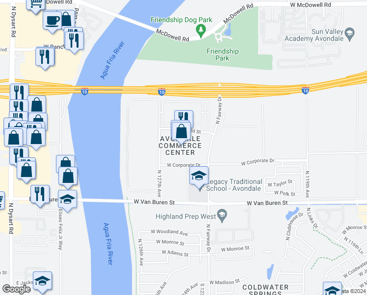 map of restaurants, bars, coffee shops, grocery stores, and more near 1050 North El Mirage Road in Avondale