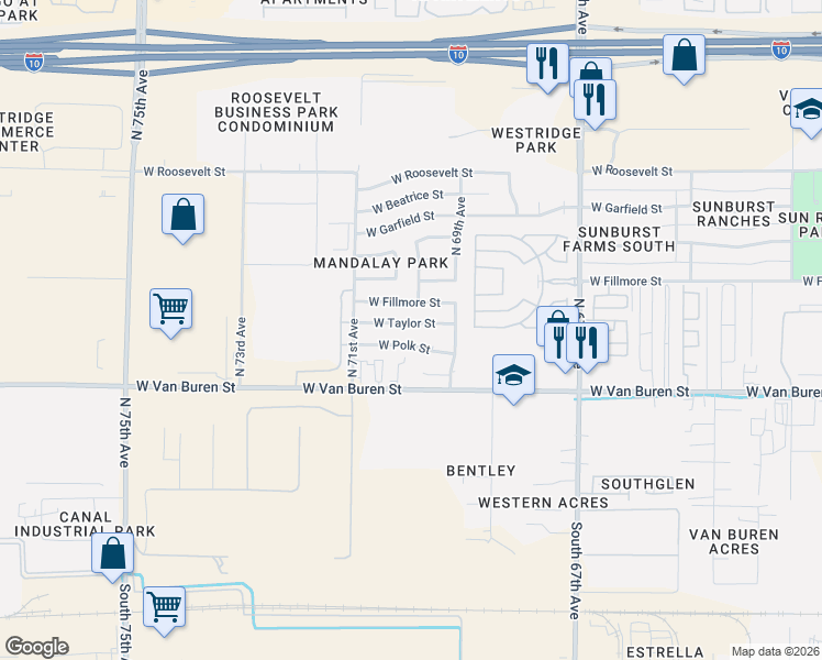 map of restaurants, bars, coffee shops, grocery stores, and more near 7007 West Polk Street in Phoenix