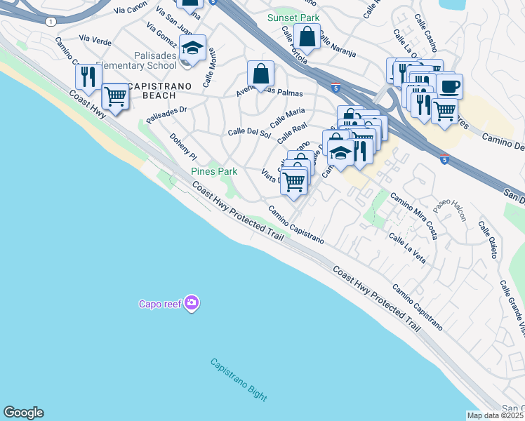 map of restaurants, bars, coffee shops, grocery stores, and more near 35031 Camino Capistrano in Dana Point