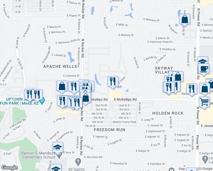 map of restaurants, bars, coffee shops, grocery stores, and more near 6202 East McKellips Road in Mesa