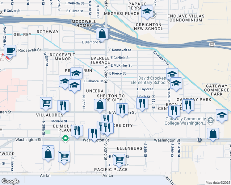 map of restaurants, bars, coffee shops, grocery stores, and more near 411 North 32nd Place in Phoenix
