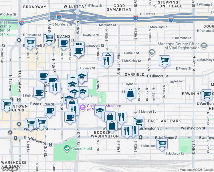 map of restaurants, bars, coffee shops, grocery stores, and more near 402 North 10th Street in Phoenix