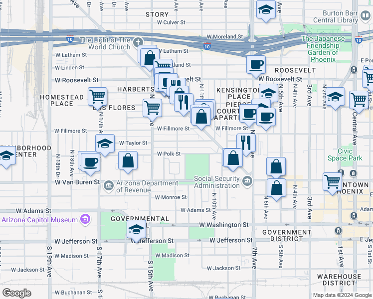 map of restaurants, bars, coffee shops, grocery stores, and more near 1211 West Polk Street in Phoenix