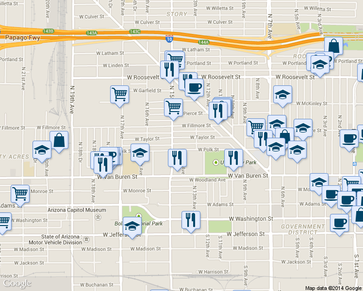 map of restaurants, bars, coffee shops, grocery stores, and more near 344 North 14th Avenue in Phoenix
