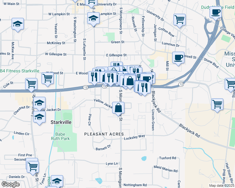 map of restaurants, bars, coffee shops, grocery stores, and more near 606 South Montgomery Street in Starkville
