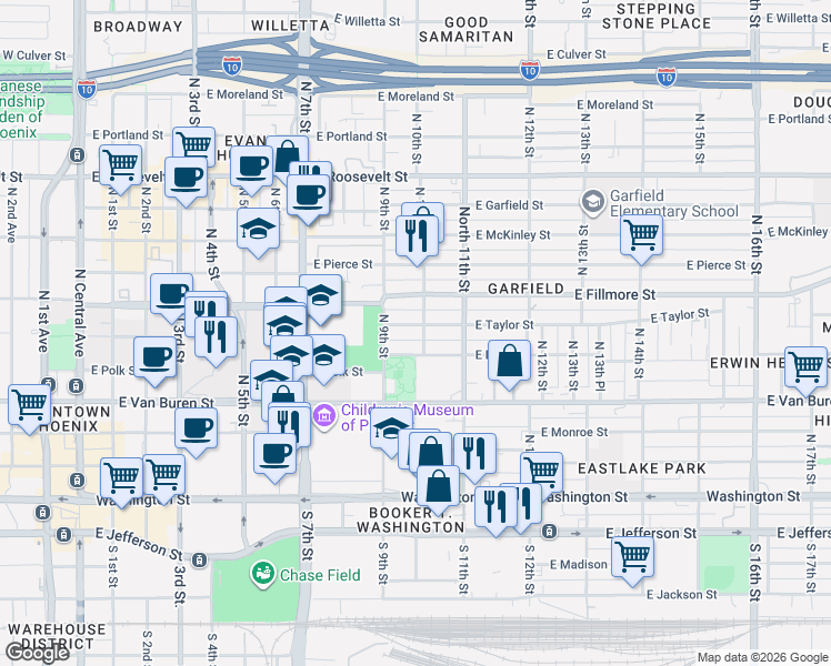 map of restaurants, bars, coffee shops, grocery stores, and more near 925 East Taylor Street in Phoenix