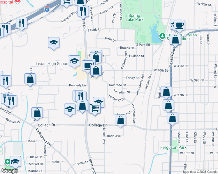 map of restaurants, bars, coffee shops, grocery stores, and more near 3708 Holloway Drive in Texarkana