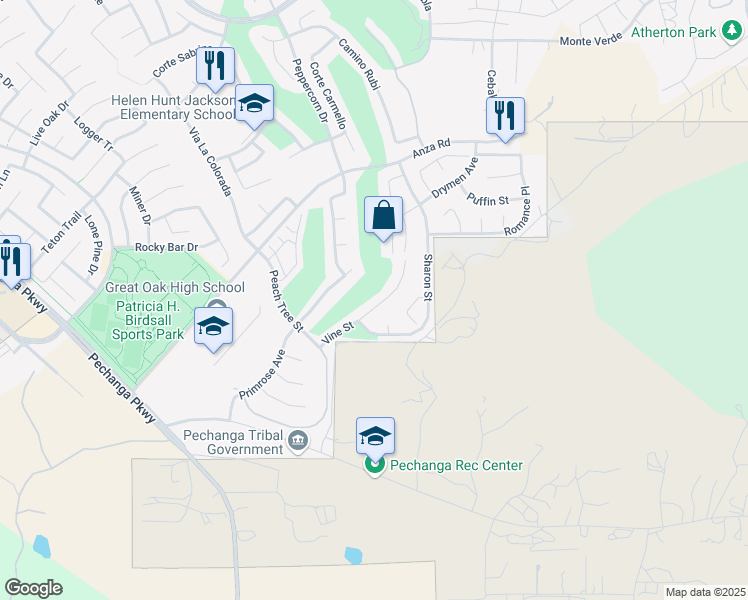 map of restaurants, bars, coffee shops, grocery stores, and more near 32846 Vine Street in Temecula
