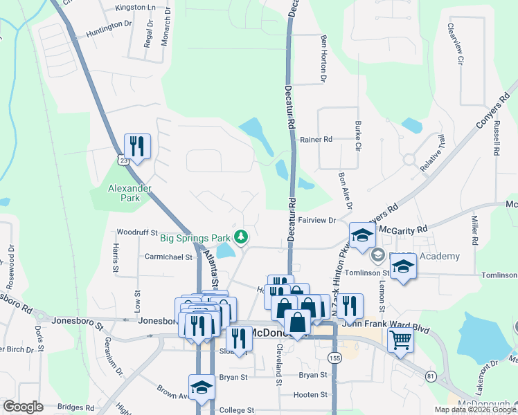 map of restaurants, bars, coffee shops, grocery stores, and more near 110 Oakpark Court in McDonough