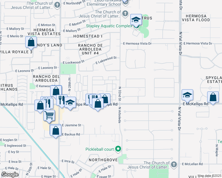 map of restaurants, bars, coffee shops, grocery stores, and more near 3134 East McKellips Road in Mesa