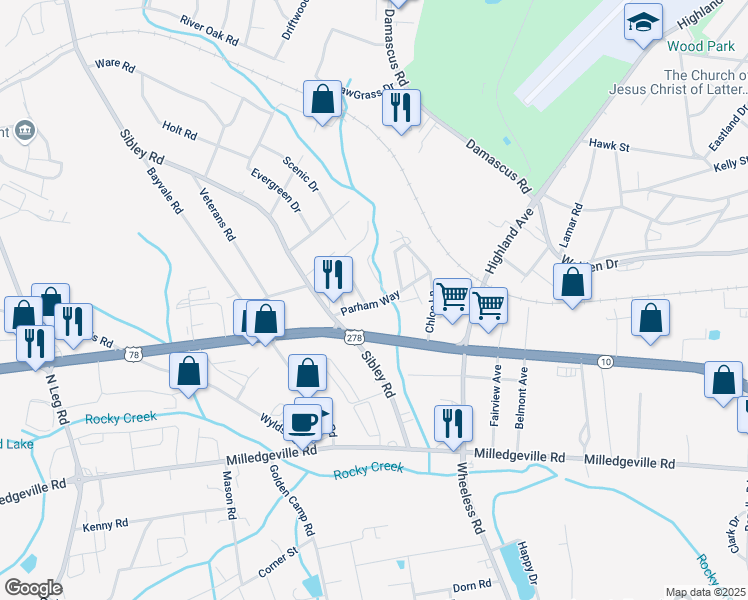 map of restaurants, bars, coffee shops, grocery stores, and more near 333 Parham Way in Augusta