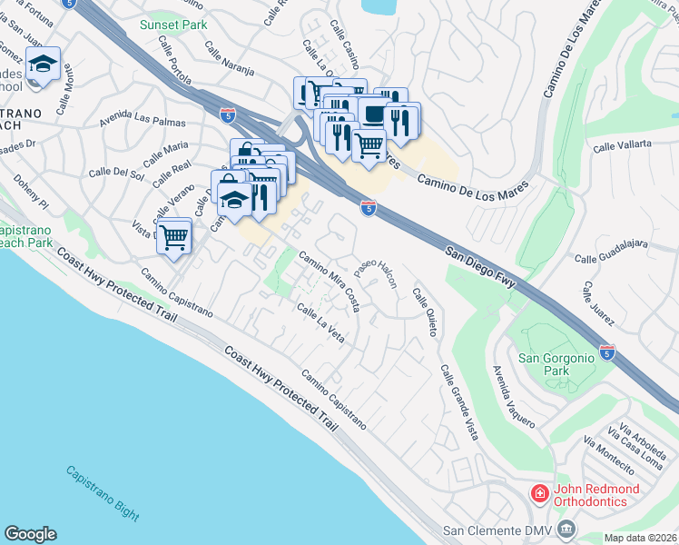map of restaurants, bars, coffee shops, grocery stores, and more near 3407 Via Loro in San Clemente