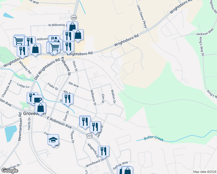 map of restaurants, bars, coffee shops, grocery stores, and more near 105 Walton Drive in Grovetown