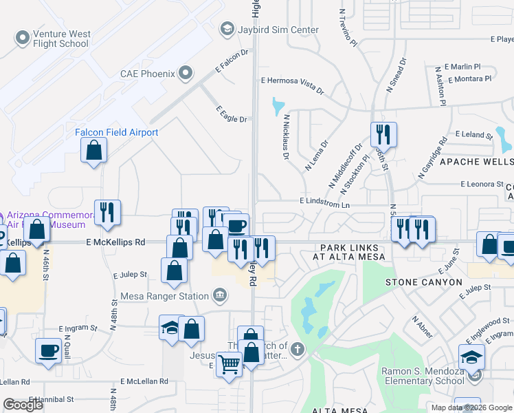 map of restaurants, bars, coffee shops, grocery stores, and more near 2047 North Higley Road in Mesa