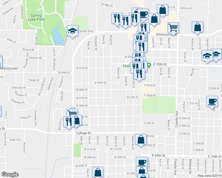 map of restaurants, bars, coffee shops, grocery stores, and more near 3805 Wood Street in Texarkana