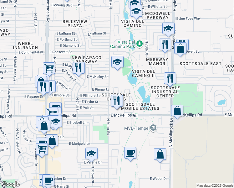 map of restaurants, bars, coffee shops, grocery stores, and more near 525 North Miller Road in Scottsdale
