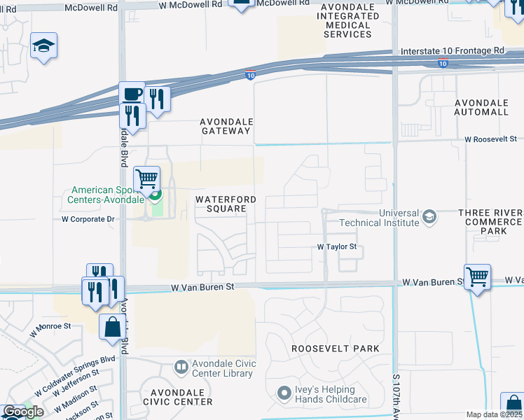 map of restaurants, bars, coffee shops, grocery stores, and more near 614 North 110th Drive in Avondale