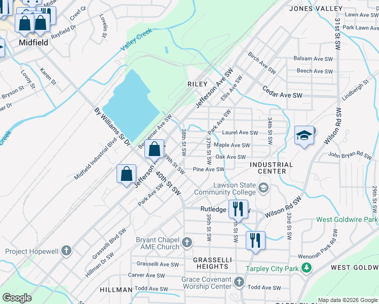 map of restaurants, bars, coffee shops, grocery stores, and more near 3729 Oak Avenue Southwest in Birmingham