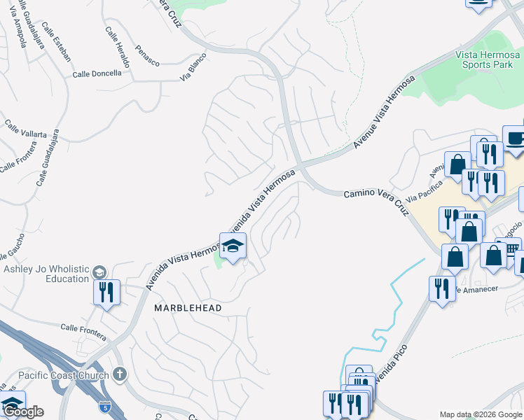 map of restaurants, bars, coffee shops, grocery stores, and more near 2520 Calle Jade in San Clemente