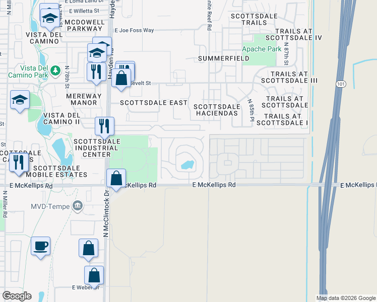 map of restaurants, bars, coffee shops, grocery stores, and more near 8350 East McKellips Road in Scottsdale