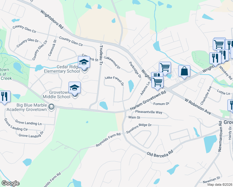 map of restaurants, bars, coffee shops, grocery stores, and more near 2069 Lake Forest Drive in Grovetown