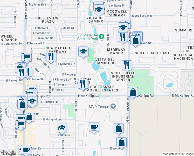 map of restaurants, bars, coffee shops, grocery stores, and more near 7660 East McKellips Road in Scottsdale