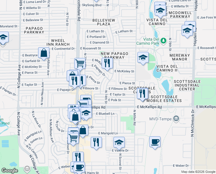 map of restaurants, bars, coffee shops, grocery stores, and more near 7338 East Taylor Street in Scottsdale