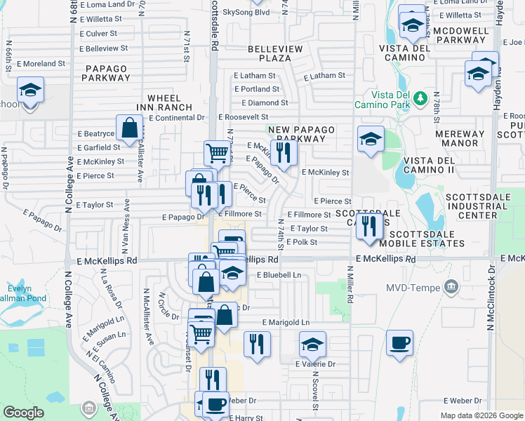 map of restaurants, bars, coffee shops, grocery stores, and more near 414 North 73rd Street in Scottsdale