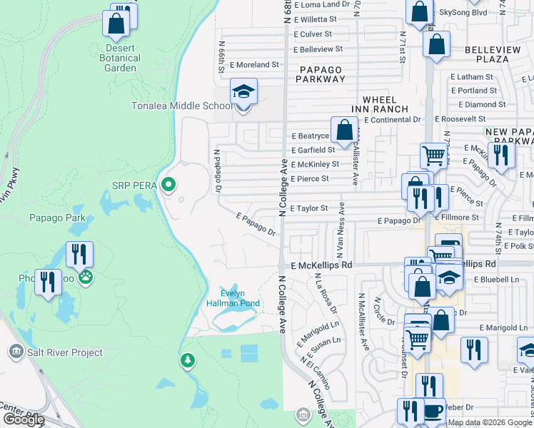 map of restaurants, bars, coffee shops, grocery stores, and more near 208 East Papago Drive in Tempe