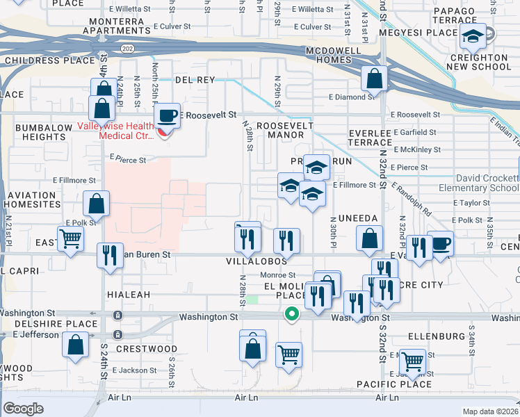 map of restaurants, bars, coffee shops, grocery stores, and more near 2822 East Polk Street in Phoenix