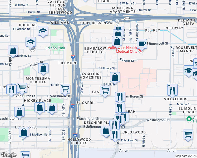 map of restaurants, bars, coffee shops, grocery stores, and more near 2226 East Polk Street in Phoenix