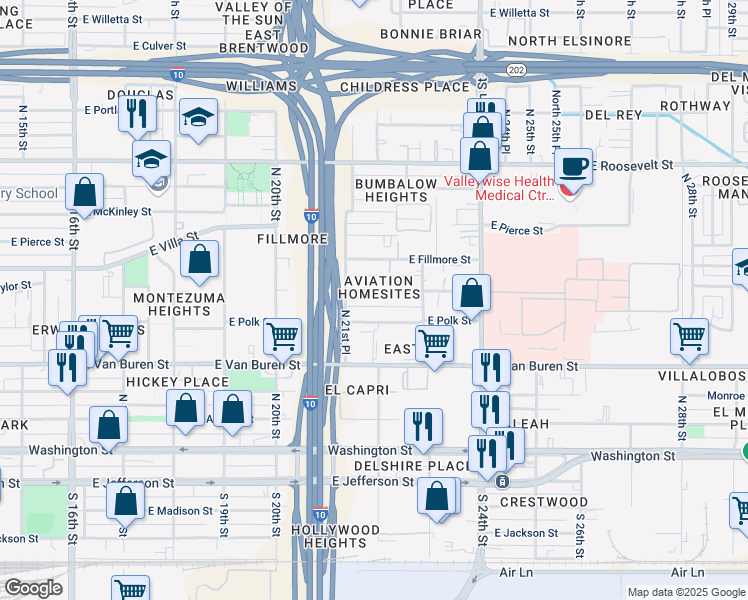 map of restaurants, bars, coffee shops, grocery stores, and more near 2149 East Polk Street in Phoenix