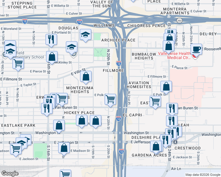 map of restaurants, bars, coffee shops, grocery stores, and more near 401 North 20th Street in Phoenix