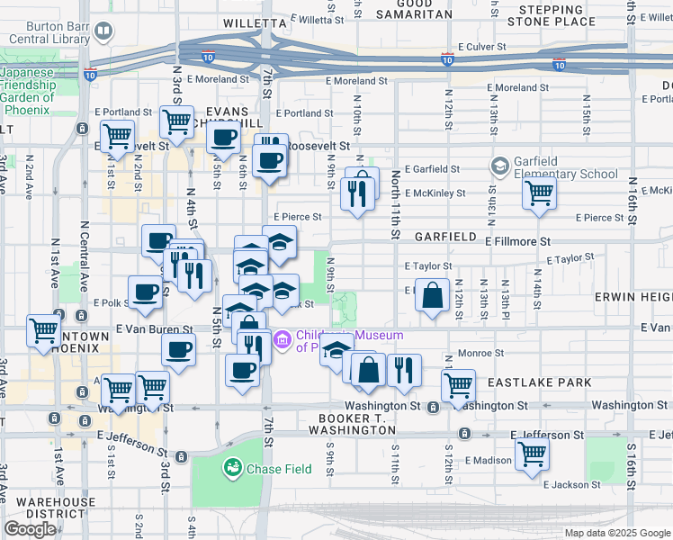 map of restaurants, bars, coffee shops, grocery stores, and more near 904 East Polk Street in Phoenix