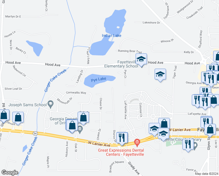 map of restaurants, bars, coffee shops, grocery stores, and more near 340 Sharon Drive in Fayetteville