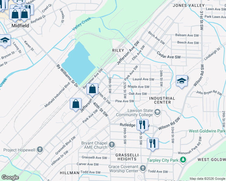 map of restaurants, bars, coffee shops, grocery stores, and more near 3729 Oak Avenue Southwest in Birmingham