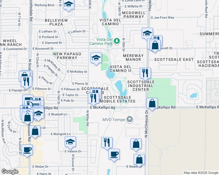 map of restaurants, bars, coffee shops, grocery stores, and more near 7660 East McKellips Road in Scottsdale