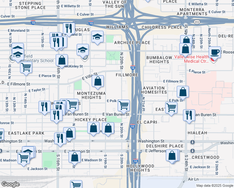 map of restaurants, bars, coffee shops, grocery stores, and more near 1950 East Polk Street in Phoenix