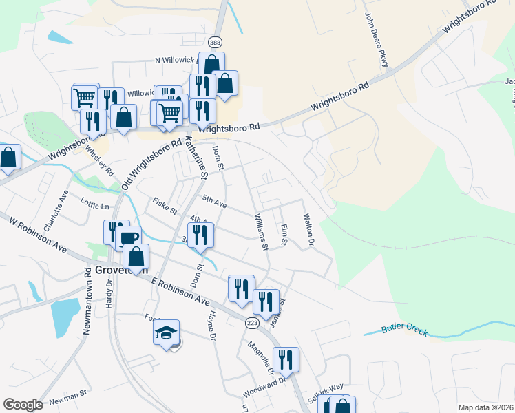 map of restaurants, bars, coffee shops, grocery stores, and more near 412 Williams Street in Grovetown